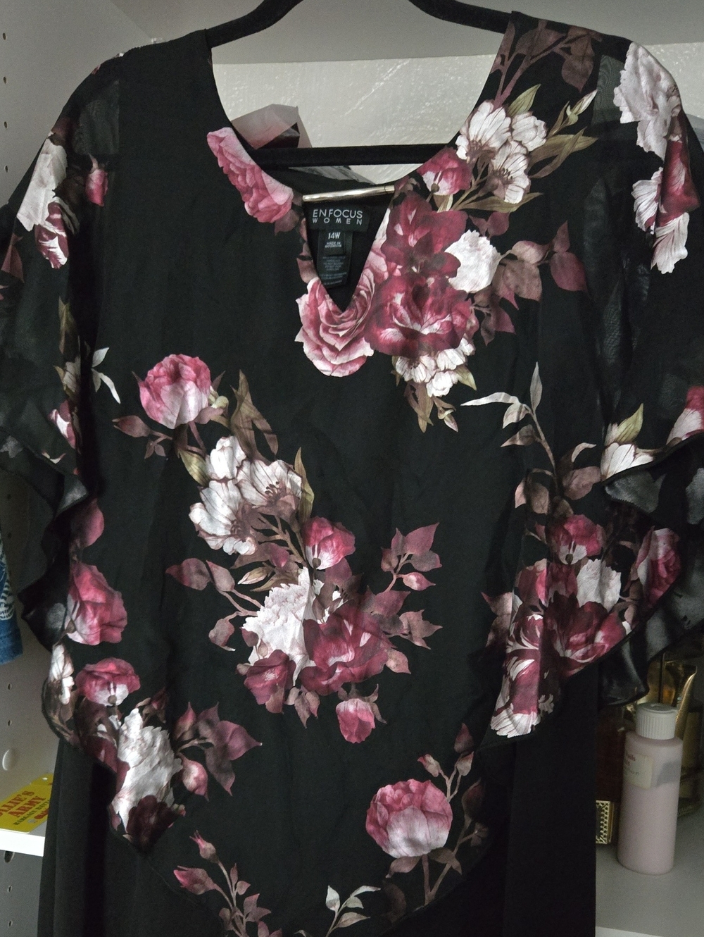 Enfocus Studio Black Floral V-Neck Tunic with Pink and White Roses